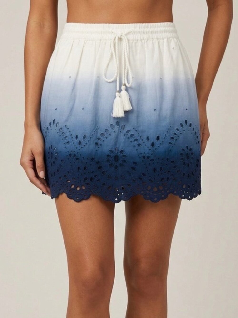 Express White Blue Ombre Eyelet Scalloped Tassel Mini Skirt | Coastal Boho 2K10s - Picture 1 of 16